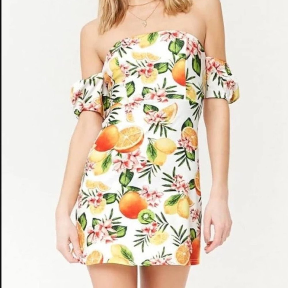 Orange Grove Printed Off the Shoulder Dress